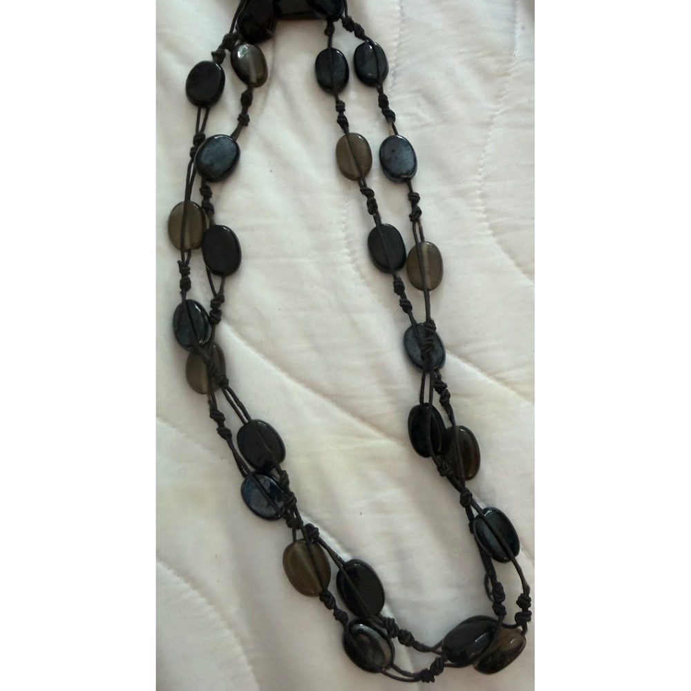 Boho Knotted Long Strand Necklace Black Smoky Brown Oval Stone Beaded Layering